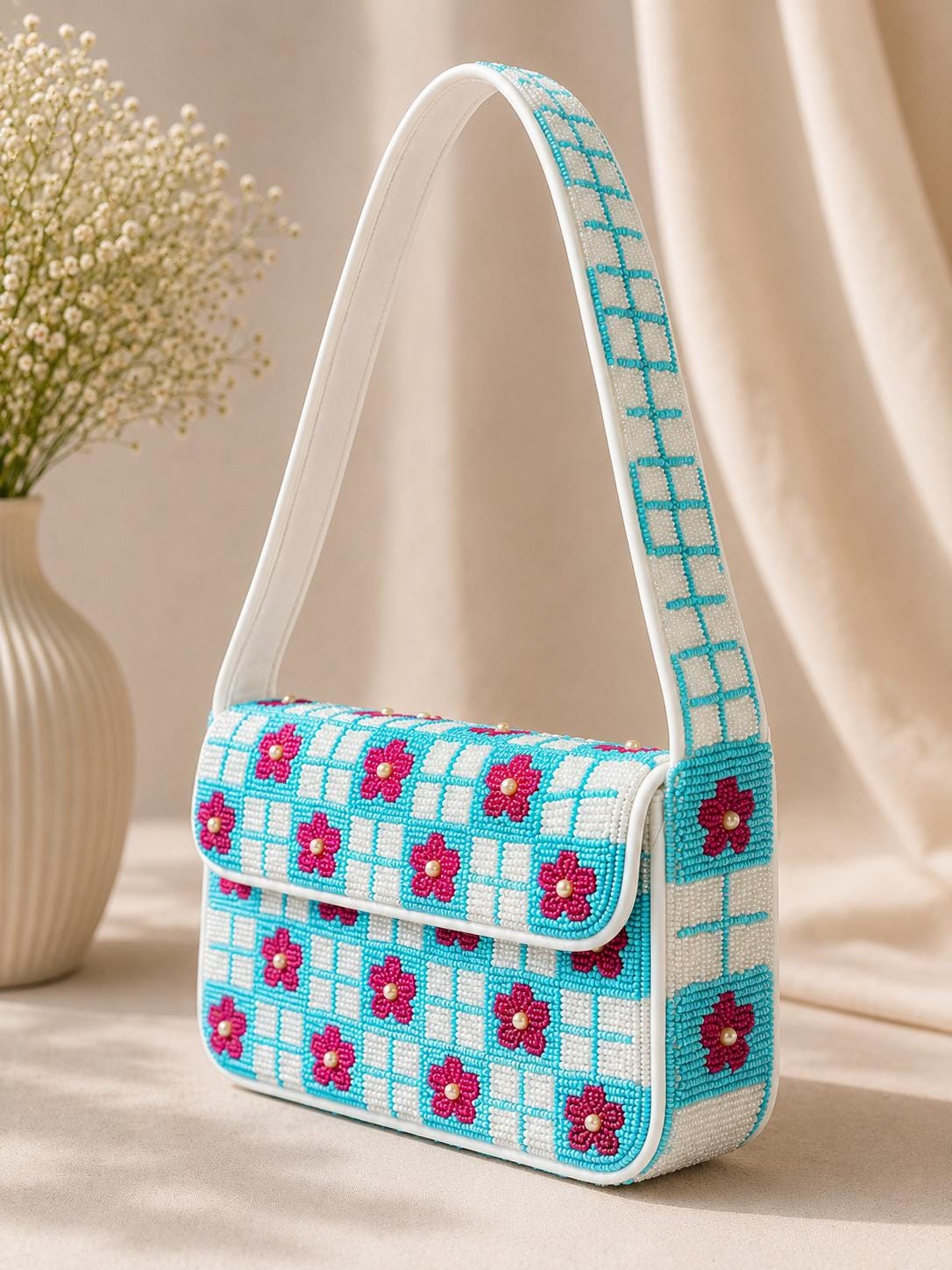 Handmade Beaded Shoulder Bag, Turquoise Checkered Floral Purse, Pink Flower Handbag