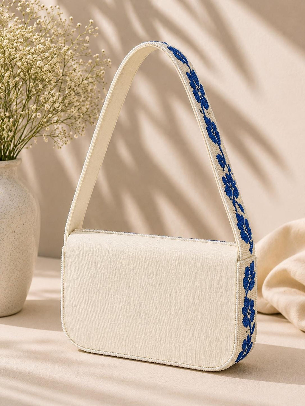 Handmade Blue Floral Beaded Shoulder Bag – Ivory Statement Purse, Artisan Accessory