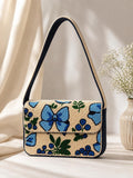 Handmade Beaded Bow Shoulder Bag – Blue Floral Cream Purse