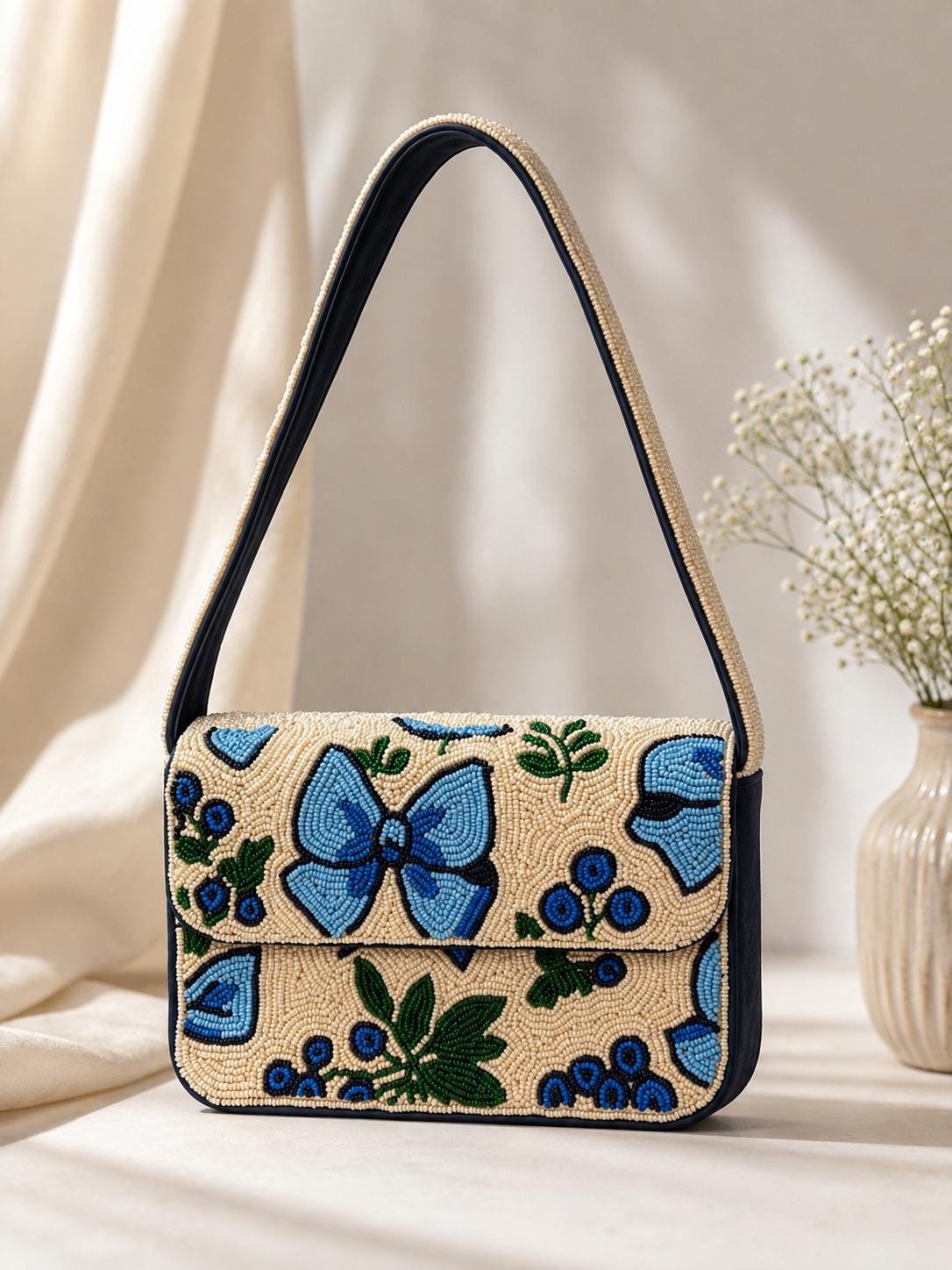 Handmade Beaded Bow Shoulder Bag – Blue Floral Cream Purse