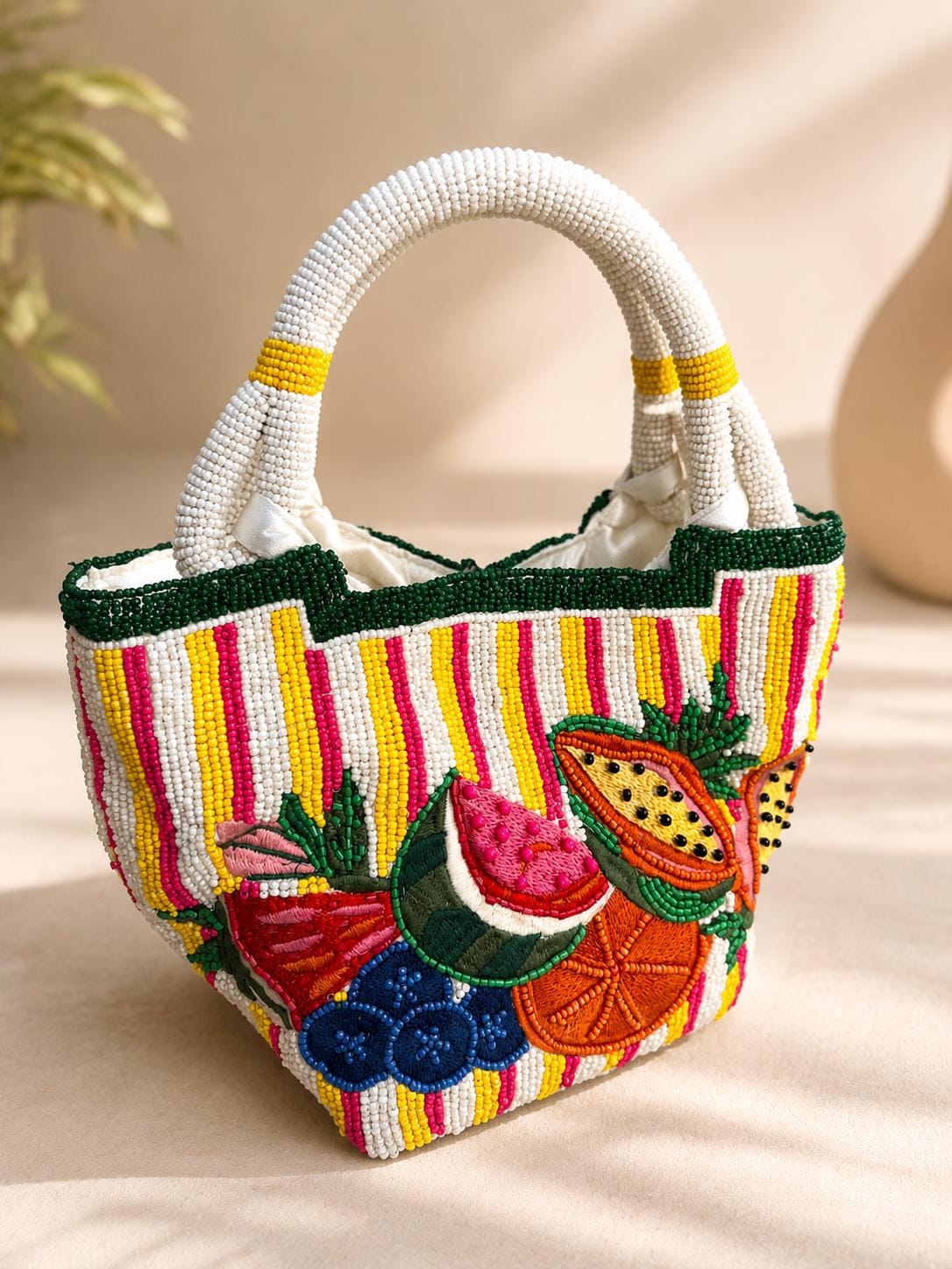 Handmade Beaded Fruit Tote Bag | Colorful Tropical Shoulder Purse, Summer Vacation Beach Bag