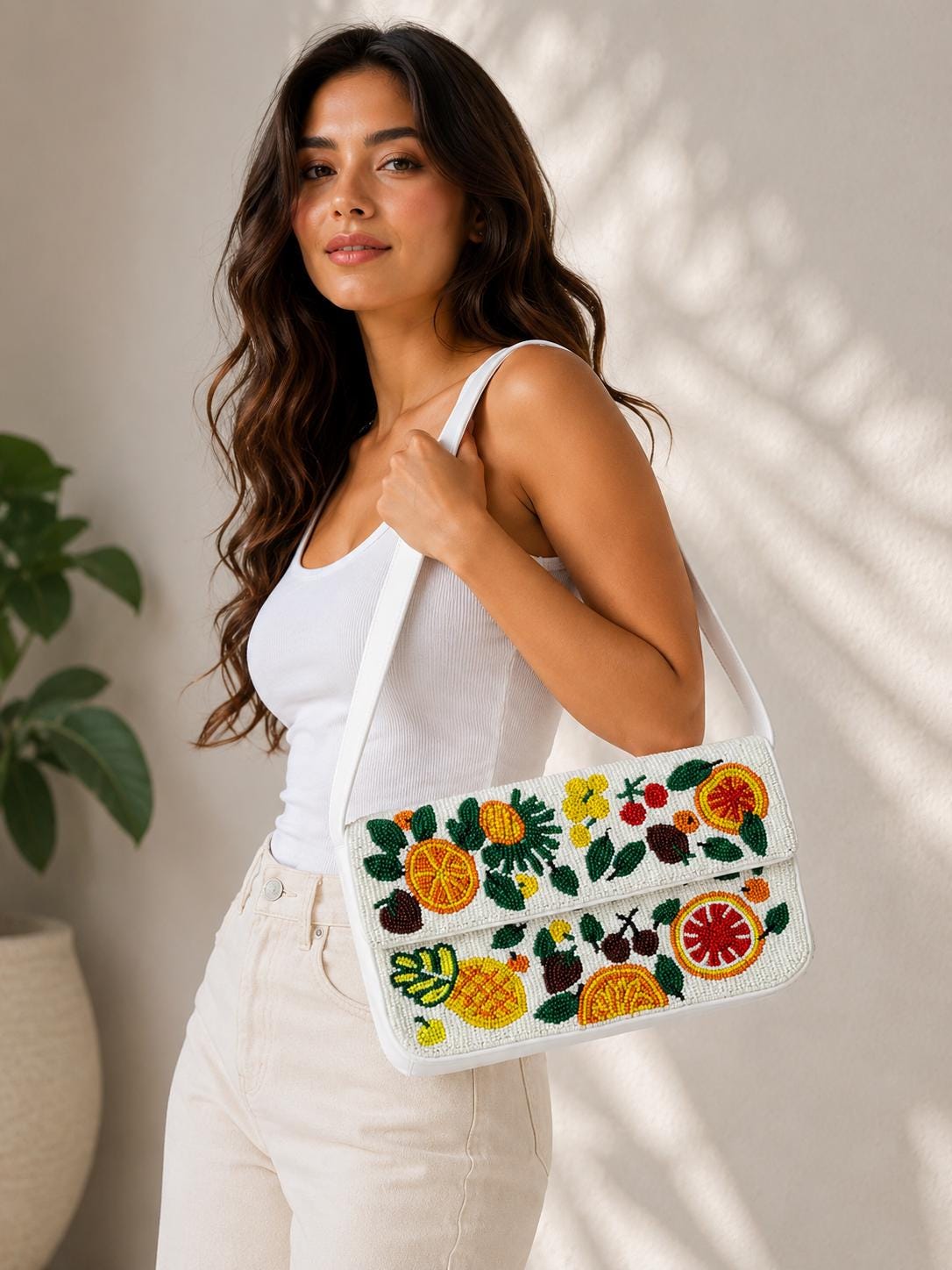 Handmade Beaded Fruit Shoulder Bag, Tropical Citrus Embroidery, Summer Purse