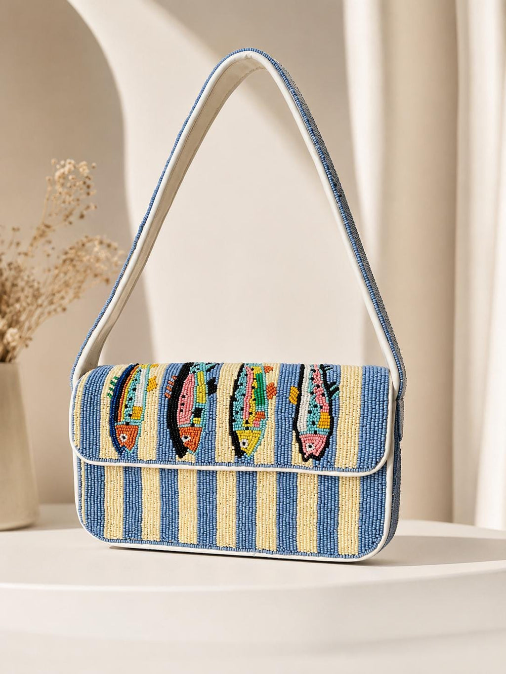 Handmade Beaded Fish Shoulder Bag | Blue Stripe Coastal Handbag, Ocean-Inspired Purse