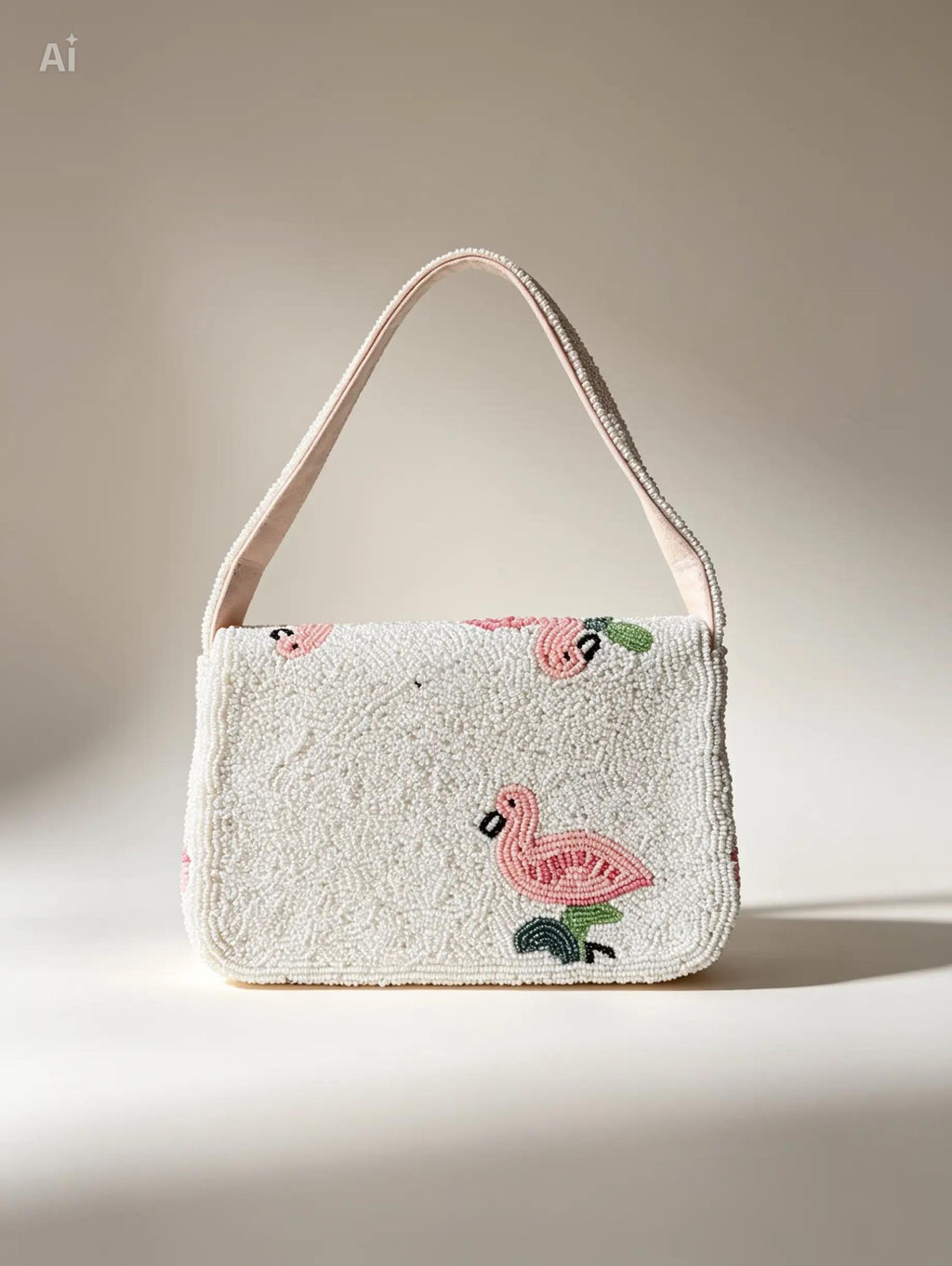 Handmade Beaded Flamingo Shoulder Bag | Tropical Leaves Purse, Summer Beach Accessory