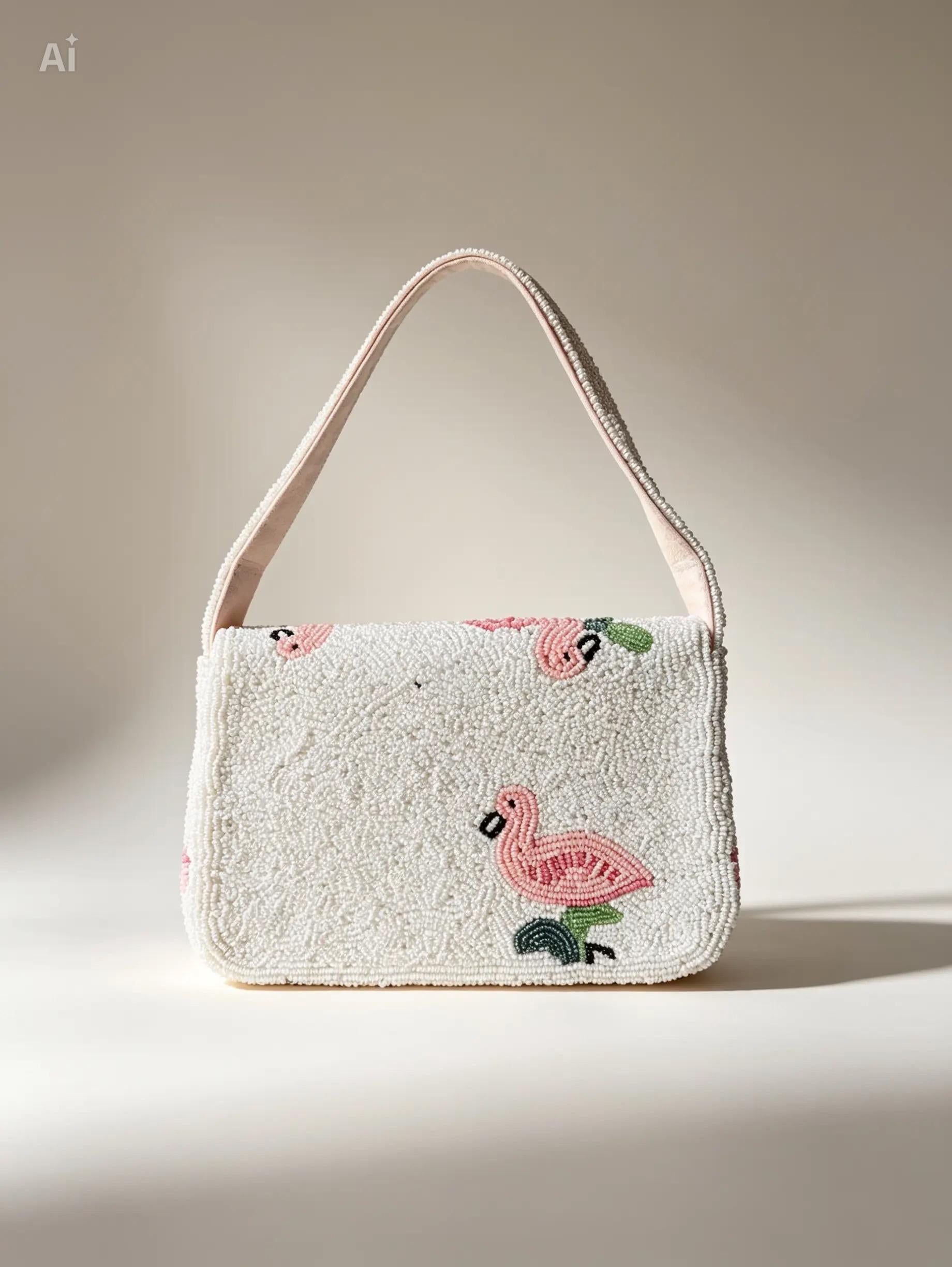 Handmade Beaded Flamingo Shoulder Bag | Tropical Leaves Purse, Summer Beach Accessory