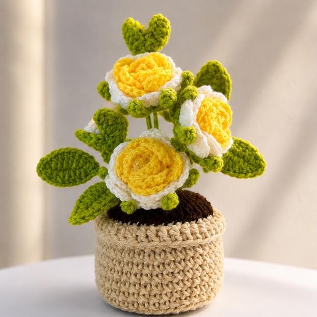 Crocheted Rose Flower Pot Arrangement, Everlasting Floral Home Decor