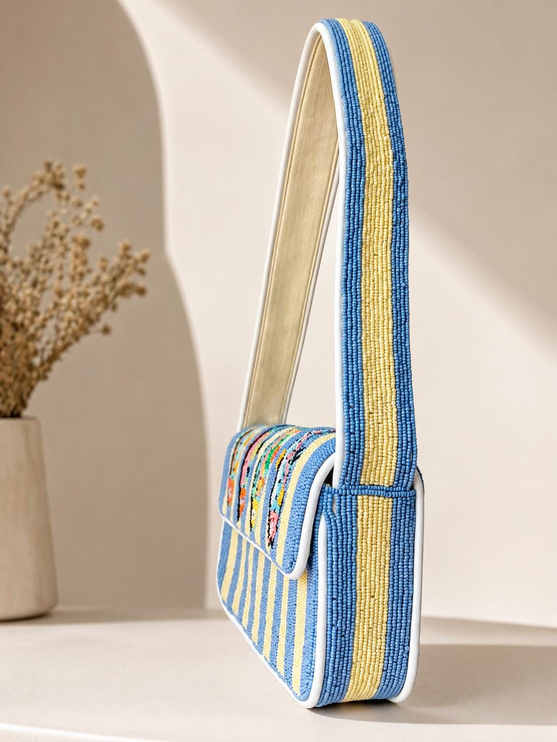 Handmade Beaded Fish Shoulder Bag | Blue Stripe Coastal Handbag, Ocean-Inspired Purse