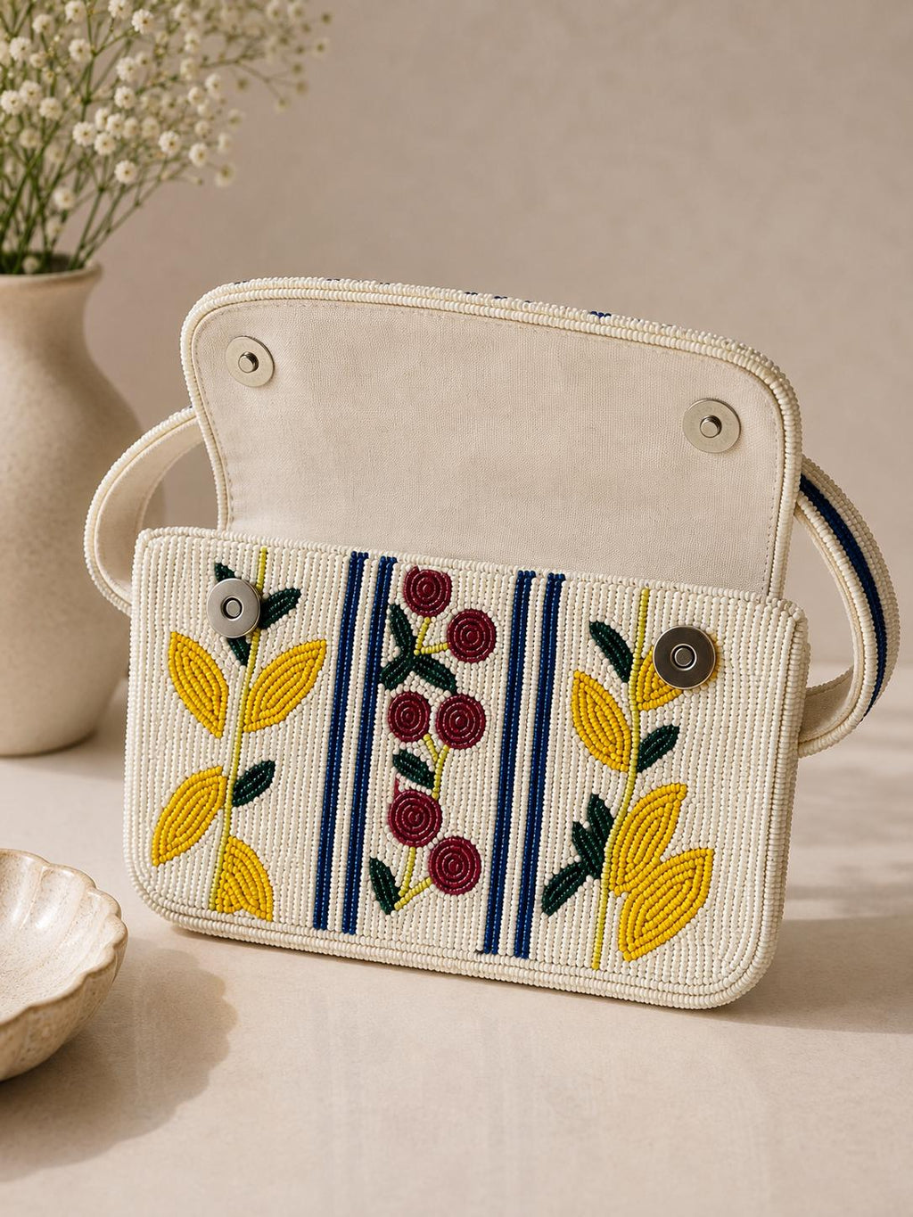 White Beaded Shoulder Bag | Floral Cherry Seed Bead Handbag | Artisan Evening Purse