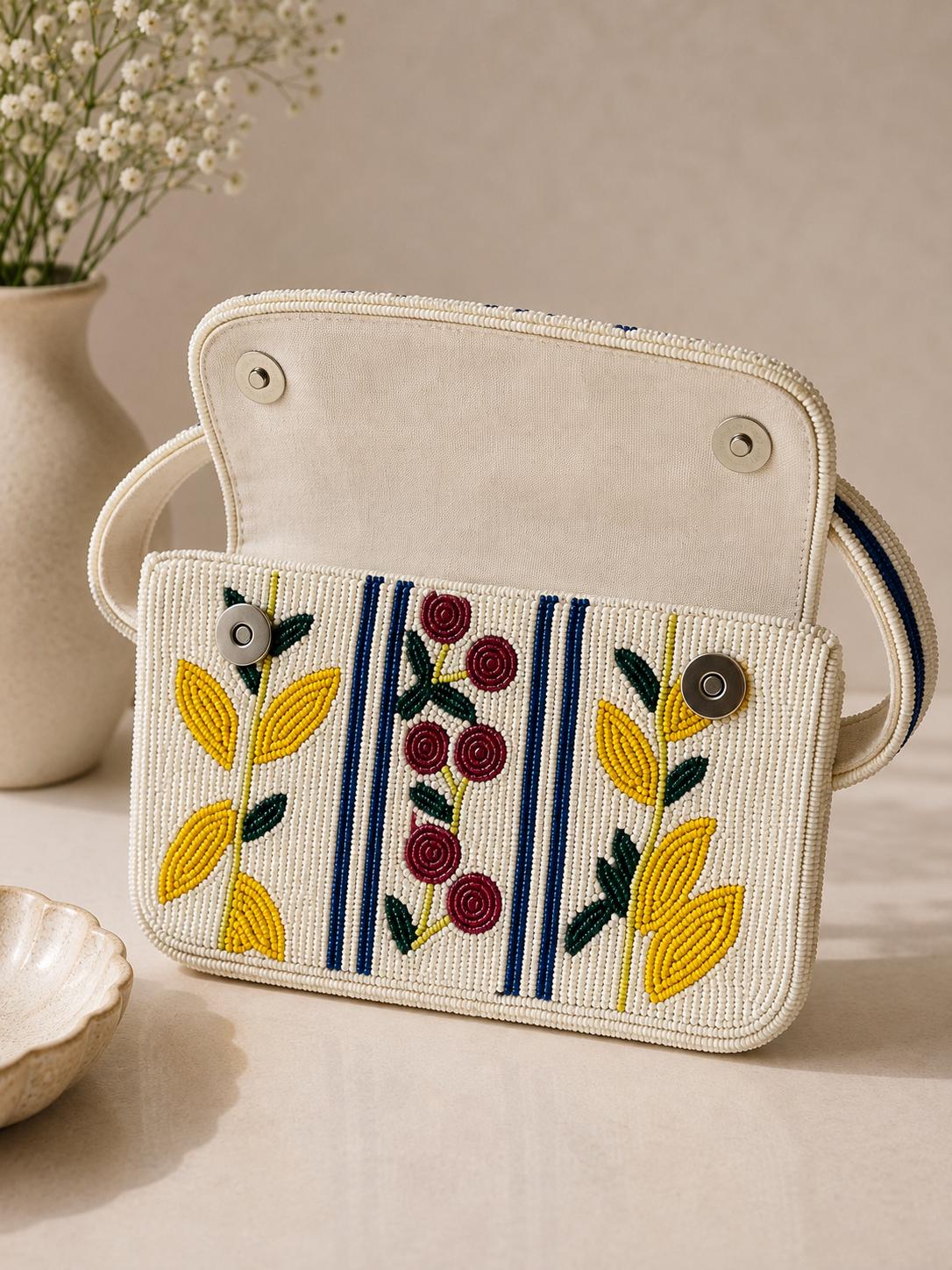 White Beaded Shoulder Bag | Floral Cherry Seed Bead Handbag | Artisan Evening Purse
