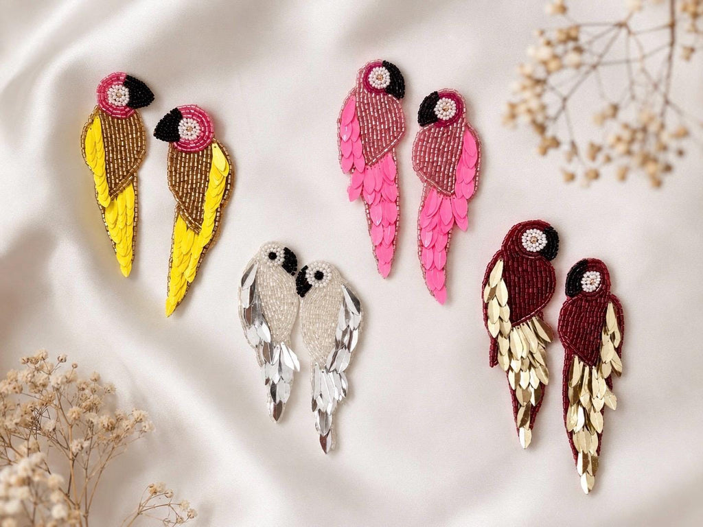 Handmade Beaded Parrot Earrings | Tropical Seed Bead Statement Jewelry