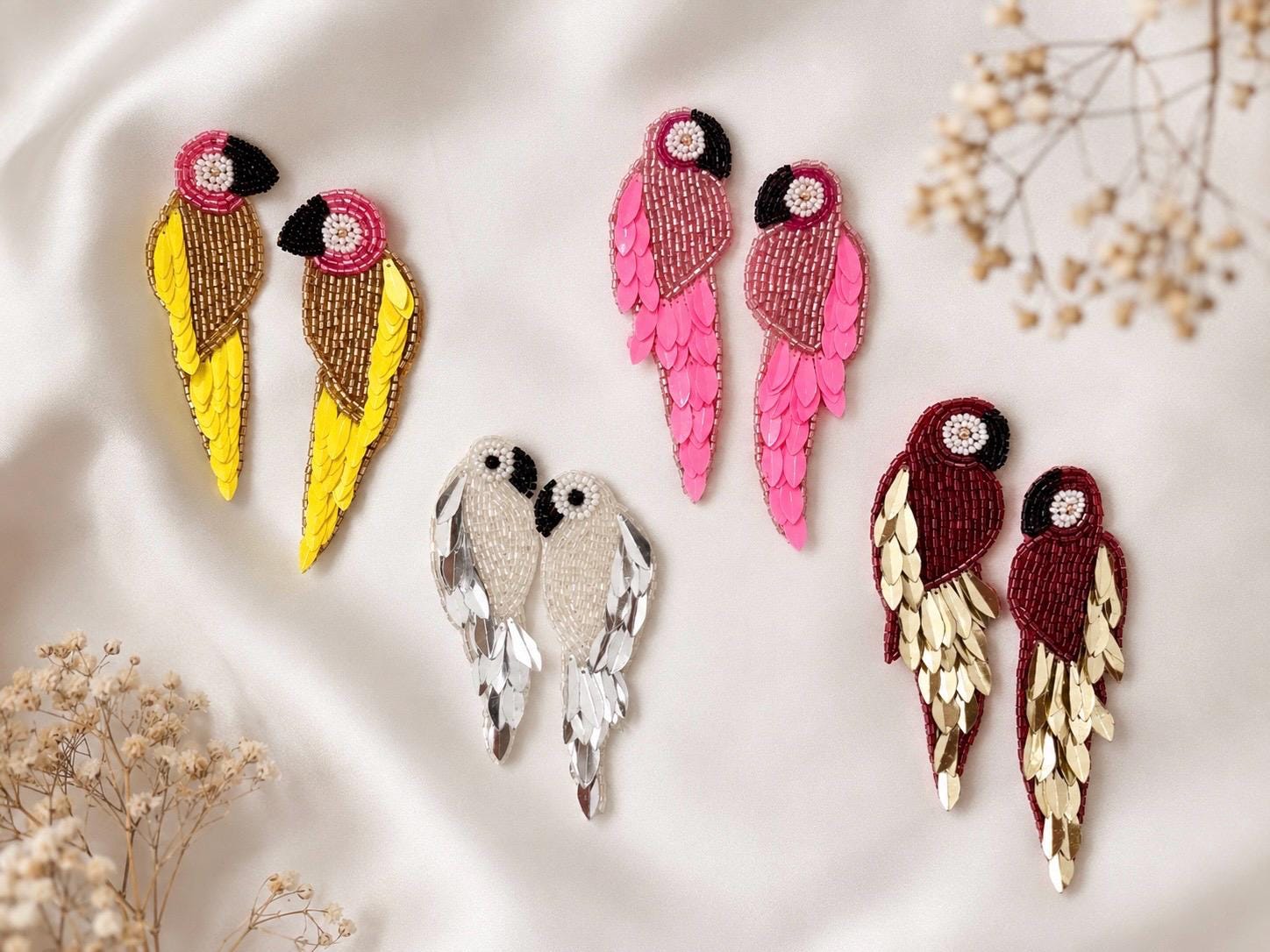 Handmade Beaded Parrot Earrings | Tropical Seed Bead Statement Jewelry