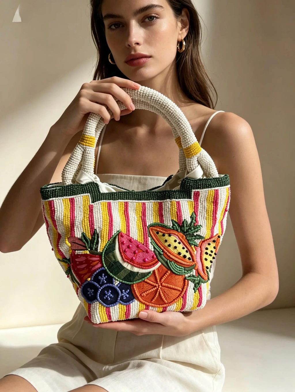 Handmade Beaded Fruit Tote Bag | Colorful Tropical Shoulder Purse, Summer Vacation Beach Bag