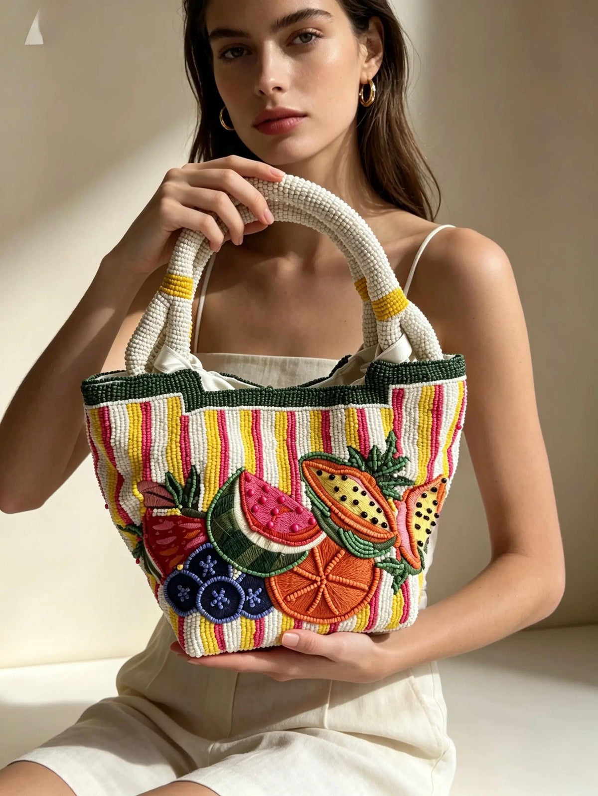 Handmade Beaded Fruit Tote Bag | Colorful Tropical Shoulder Purse, Summer Vacation Beach Bag