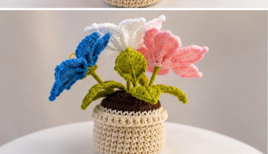 Handmade Crochet Flower Pot, Colourful Everlasting Floral Decor, Home Desk Accent