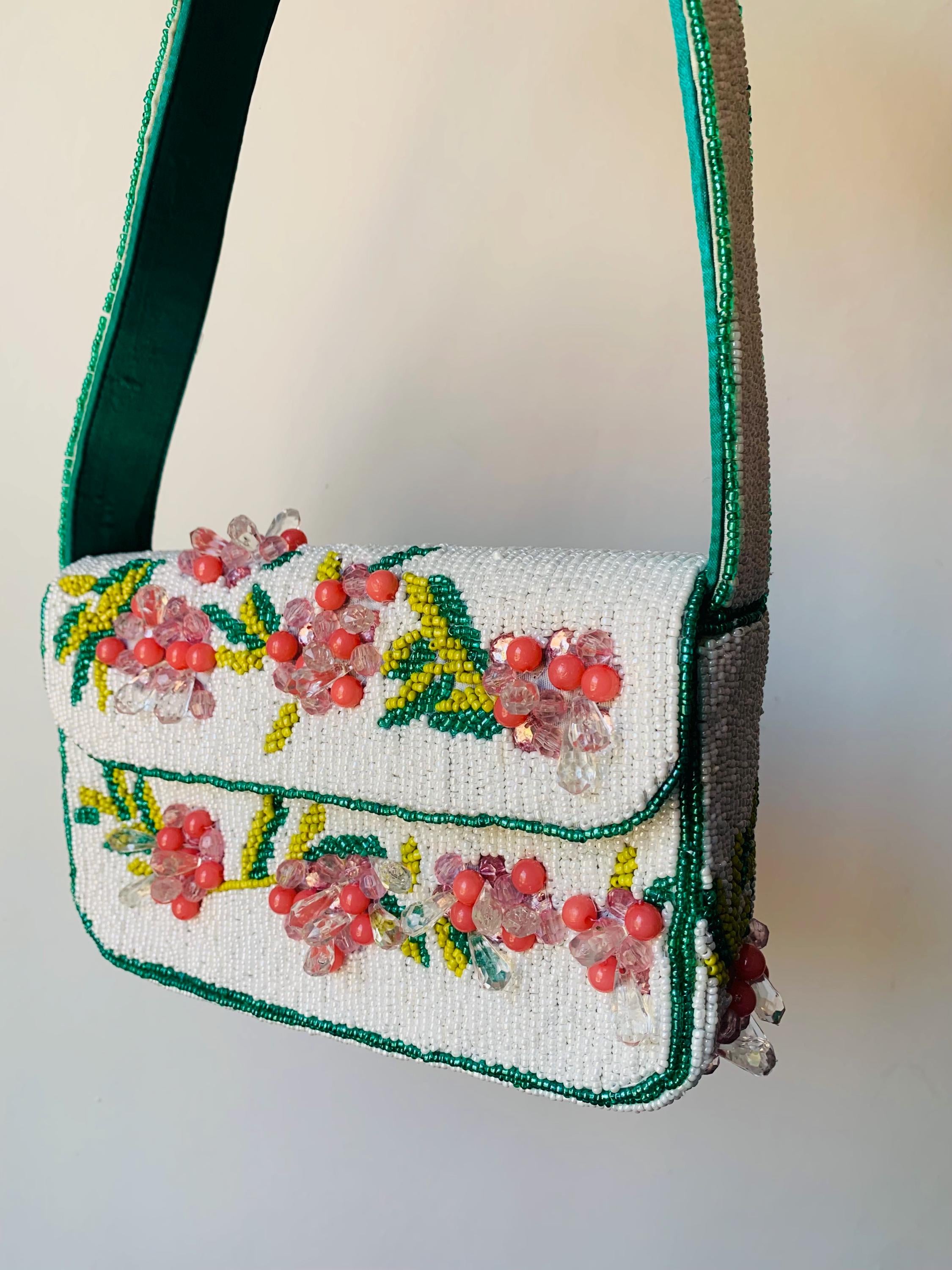 Handmade White Seed Bead Floral Bag, Pink Crystal Flower Shoulder Handbag