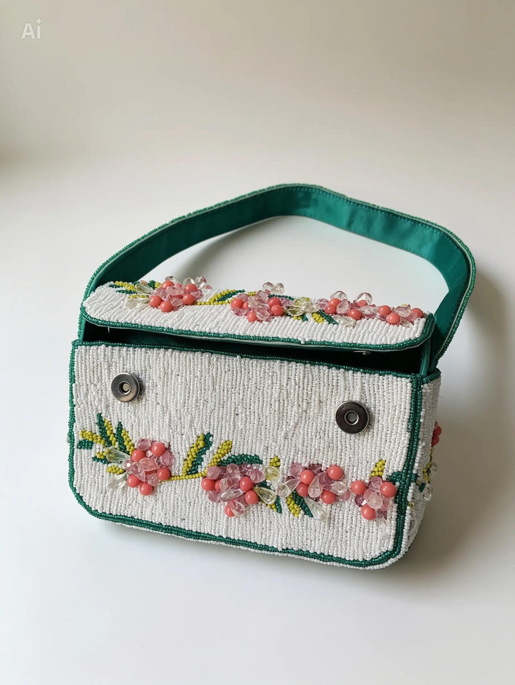 Handmade White Seed Bead Floral Bag, Pink Crystal Flower Shoulder Handbag