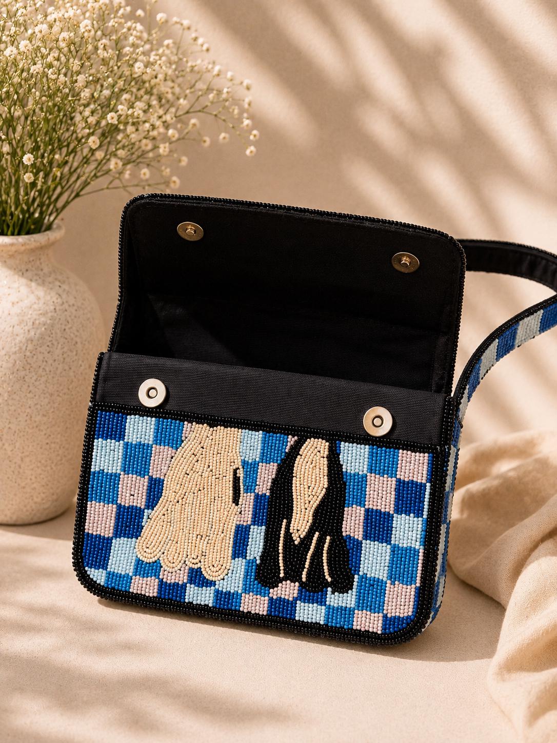 Handmade Beaded Dog Shoulder Bag – Blue Checkered Puppy Purse Statement Accessory