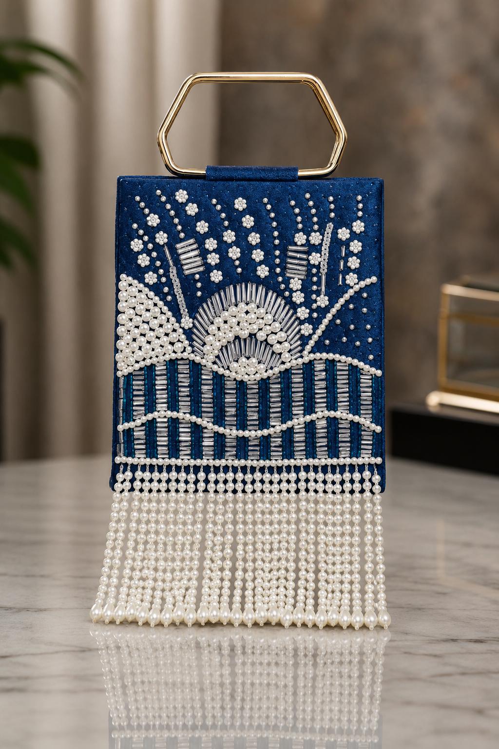 Handmade Blue Beaded Clutch Bag, Pearl Fringe Evening Purse, Art Deco Statement Handbag
