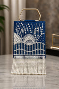 Handmade Blue Beaded Clutch Bag, Pearl Fringe Evening Purse, Art Deco Statement Handbag