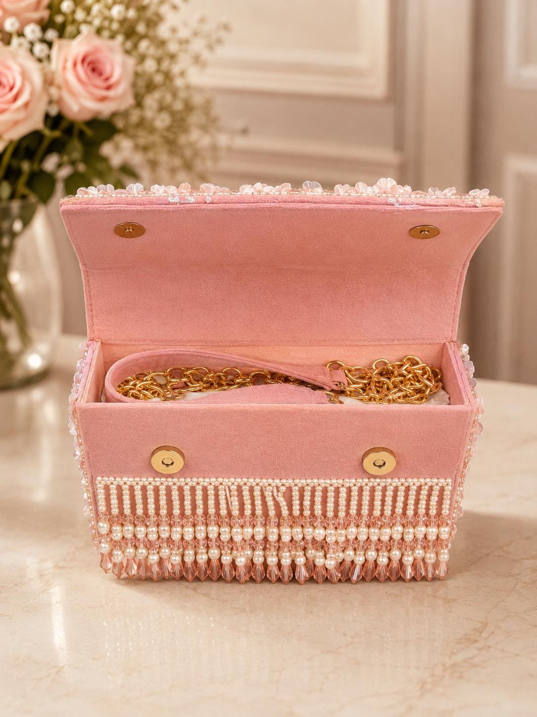 Blush Pink Beaded Pearl Fringe Clutch Bag, Floral Bridal Evening Purse