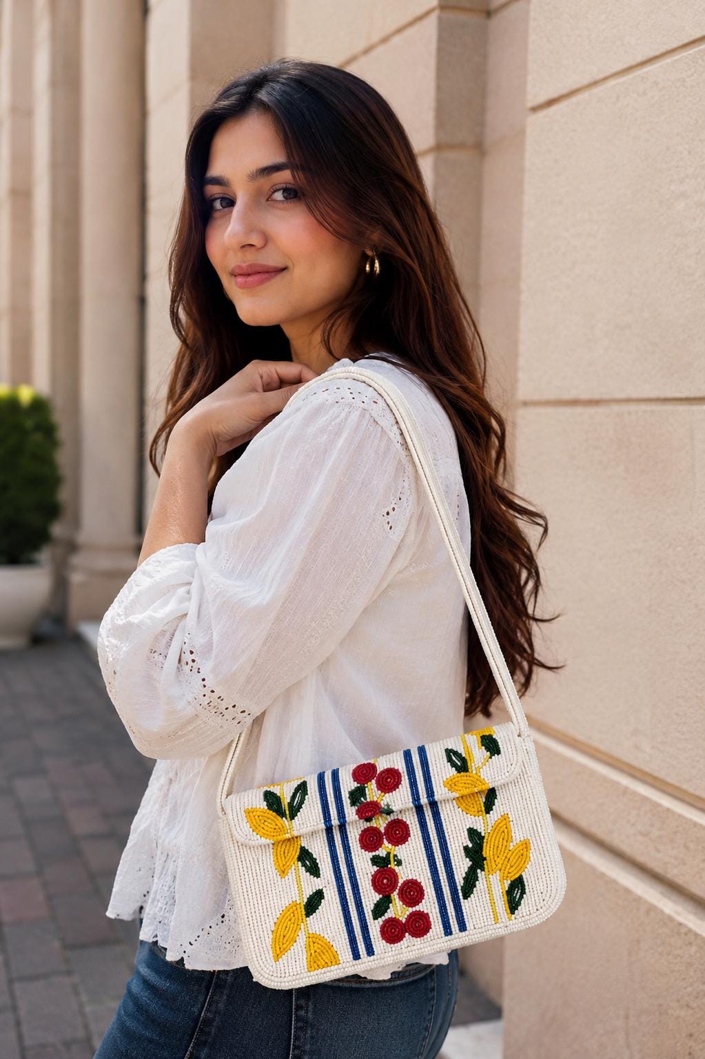 White Beaded Shoulder Bag | Floral Cherry Seed Bead Handbag | Artisan Evening Purse