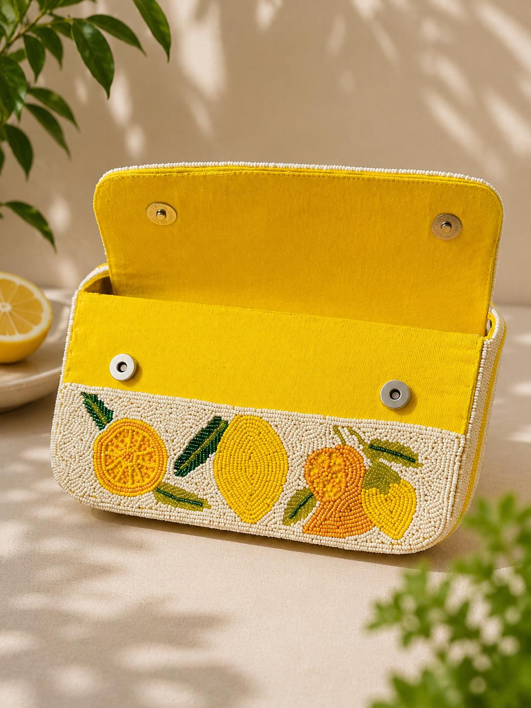 Handmade Lemon Beaded Shoulder Bag, White Seed Bead Citrus Purse, Summer Vacation Statement Bag