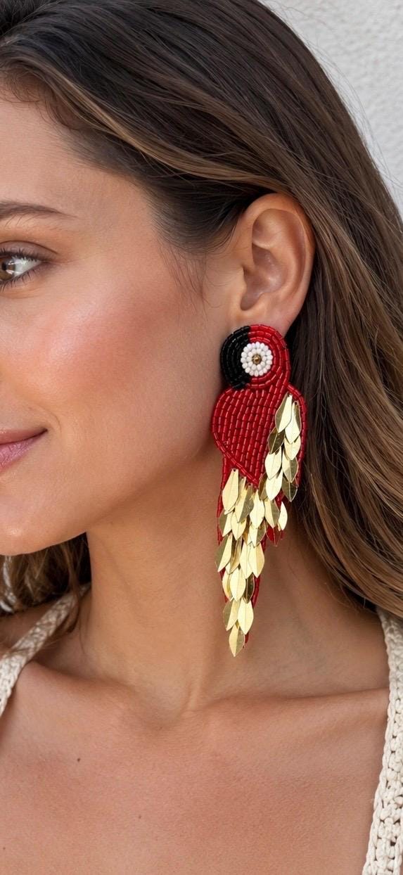 Handmade Red Parrot Beaded Earrings | Tropical Statement Earrings | Boho Bird Jewelry