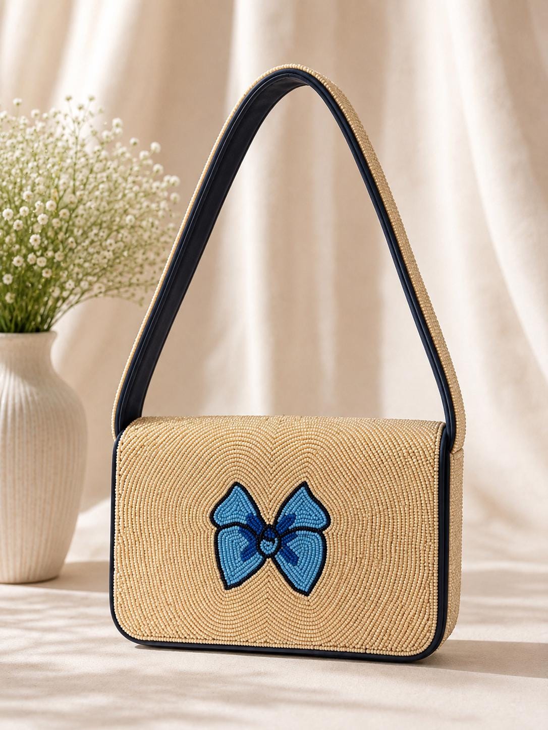 Handmade Beaded Bow Shoulder Bag – Blue Floral Cream Purse