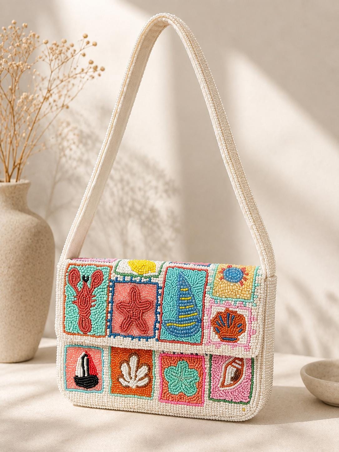 Handmade Beaded Shoulder Bag, Colorful Coastal Seashell Purse, Nautical Summer Handbag