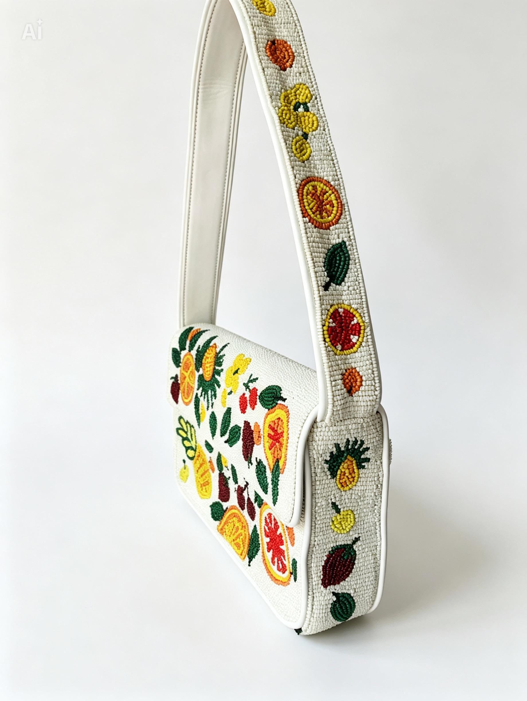 Handmade Beaded Fruit Shoulder Bag, Tropical Citrus Embroidery, Summer Purse