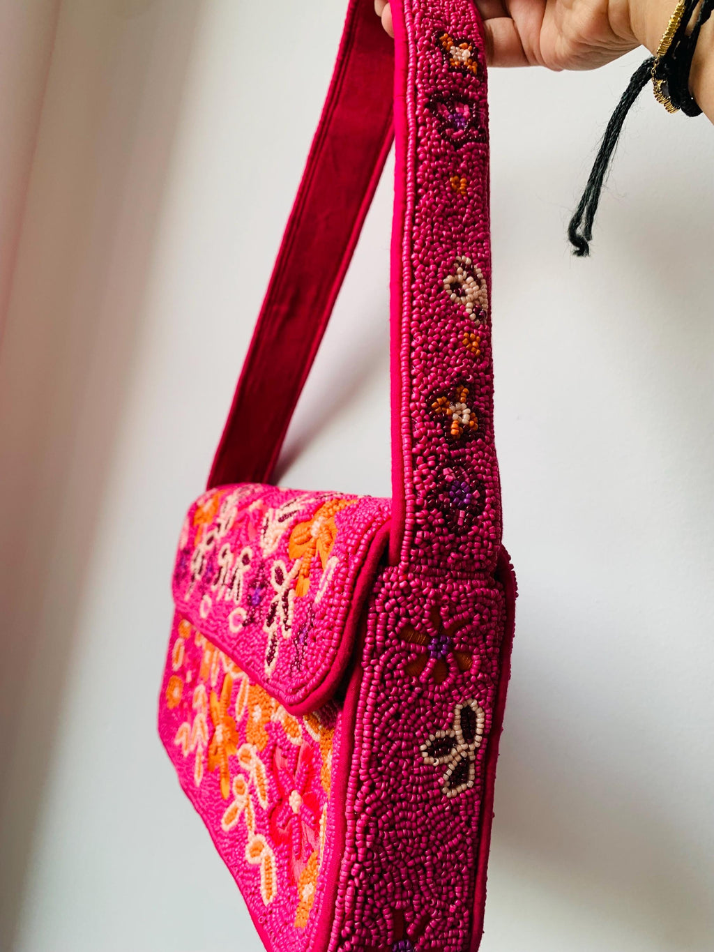 Handmade Beaded Floral Shoulder Bag, Hot Pink Y2K Statement Purse