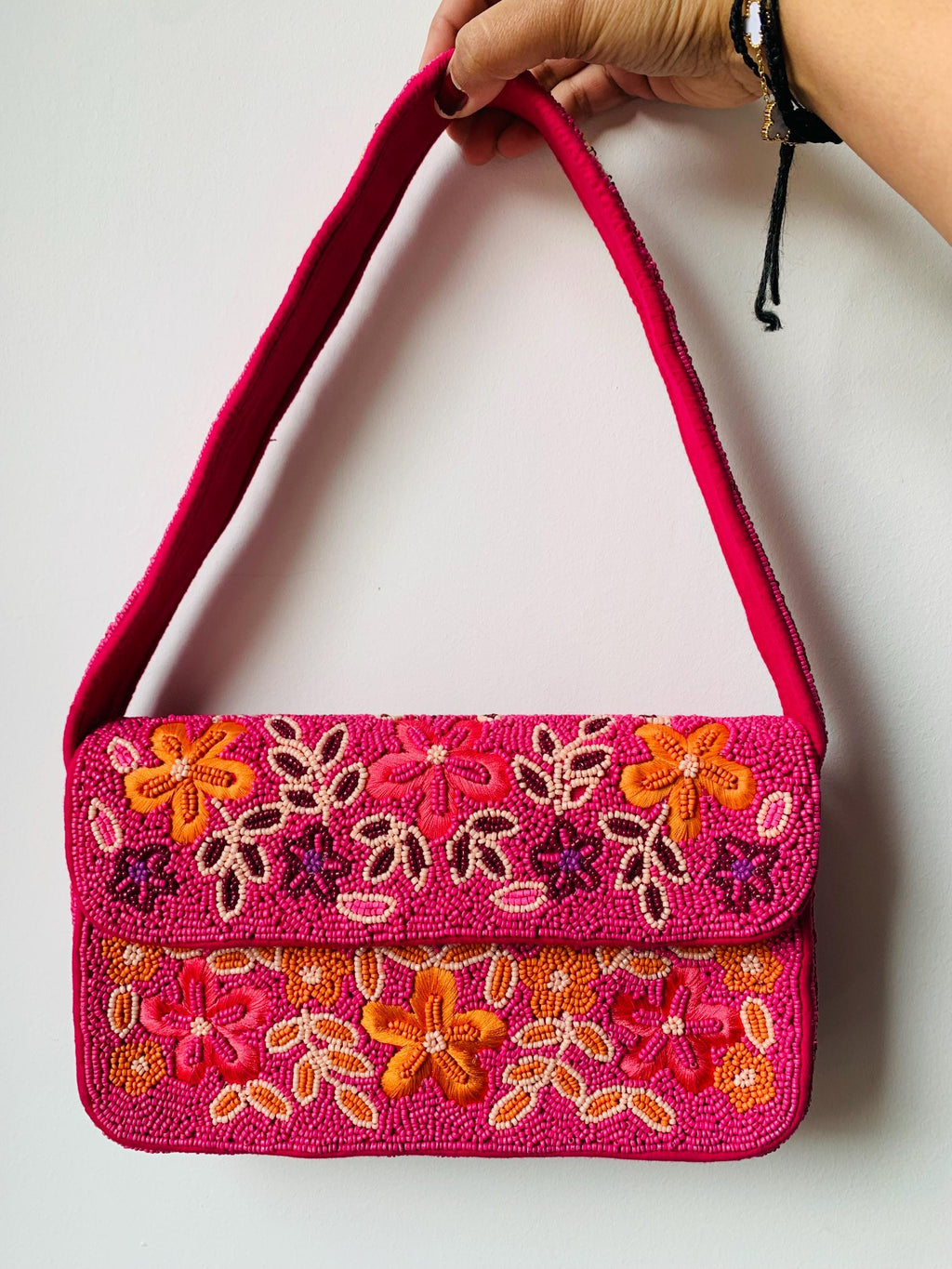 Handmade Beaded Floral Shoulder Bag, Hot Pink Y2K Statement Purse