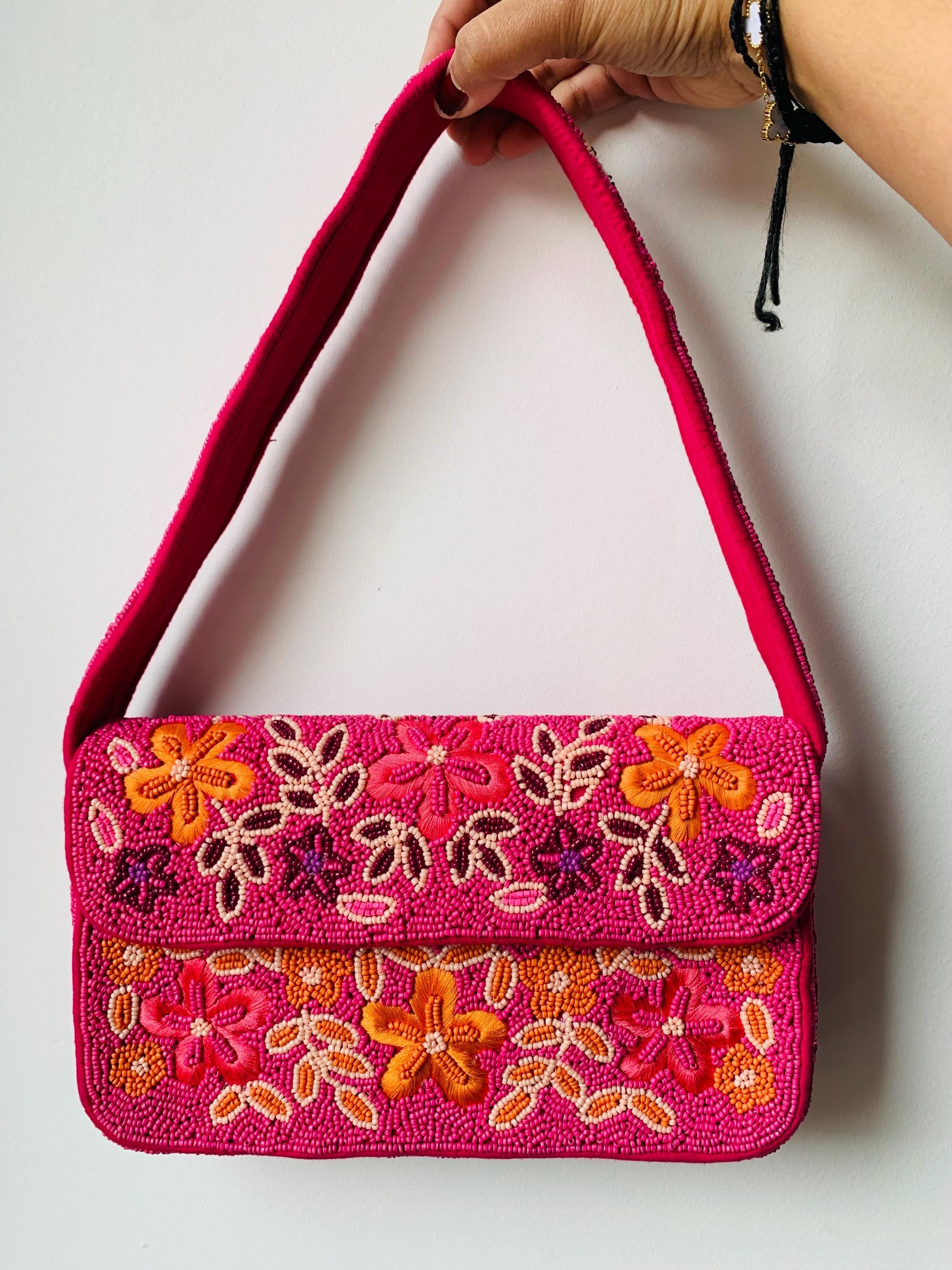 Handmade Beaded Floral Shoulder Bag, Hot Pink Y2K Statement Purse