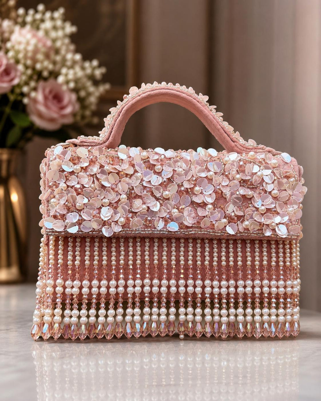 Blush Pink Beaded Pearl Fringe Clutch Bag, Floral Bridal Evening Purse