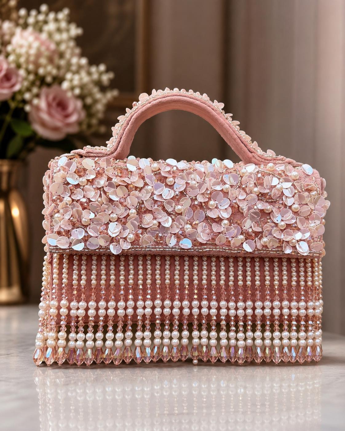 Blush Pink Beaded Pearl Fringe Clutch Bag, Floral Bridal Evening Purse