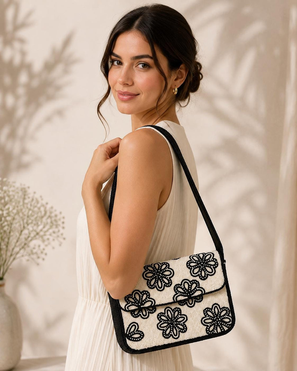 Handmade Black Ivory Floral Beaded Shoulder Bag – Elegant Evening Purse