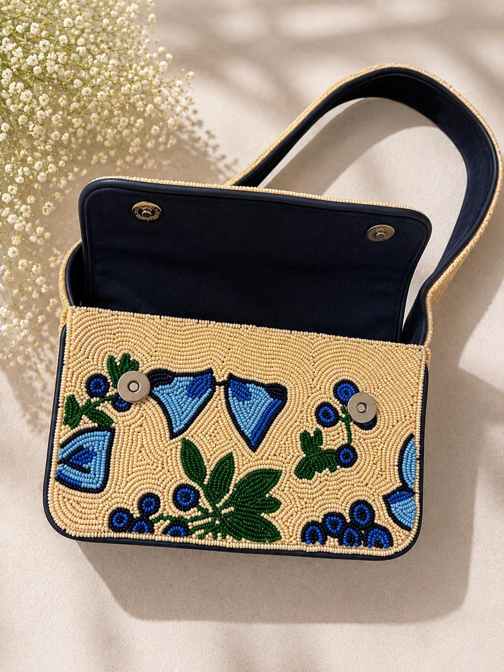 Handmade Beaded Bow Shoulder Bag – Blue Floral Cream Purse