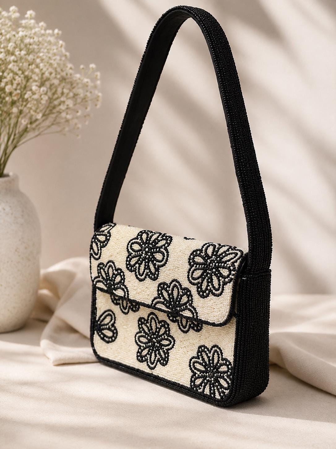 Handmade Black Ivory Floral Beaded Shoulder Bag – Elegant Evening Purse