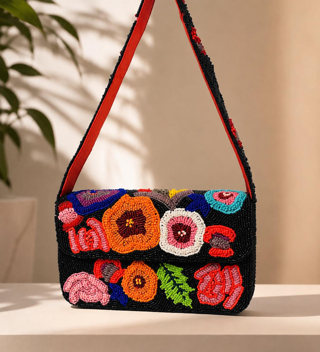 Handmade Beaded Flower Shoulder Bag | Artisan Floral Evening Purse