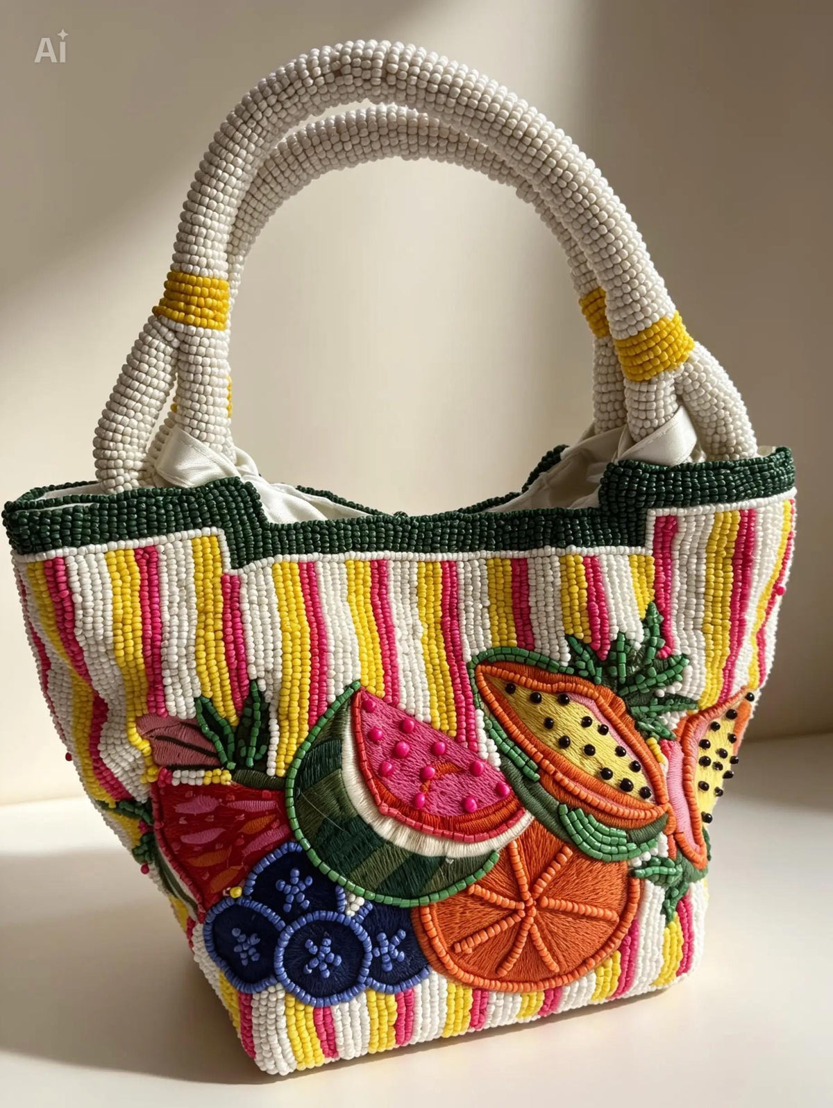 Handmade Beaded Fruit Tote Bag | Colorful Tropical Shoulder Purse, Summer Vacation Beach Bag