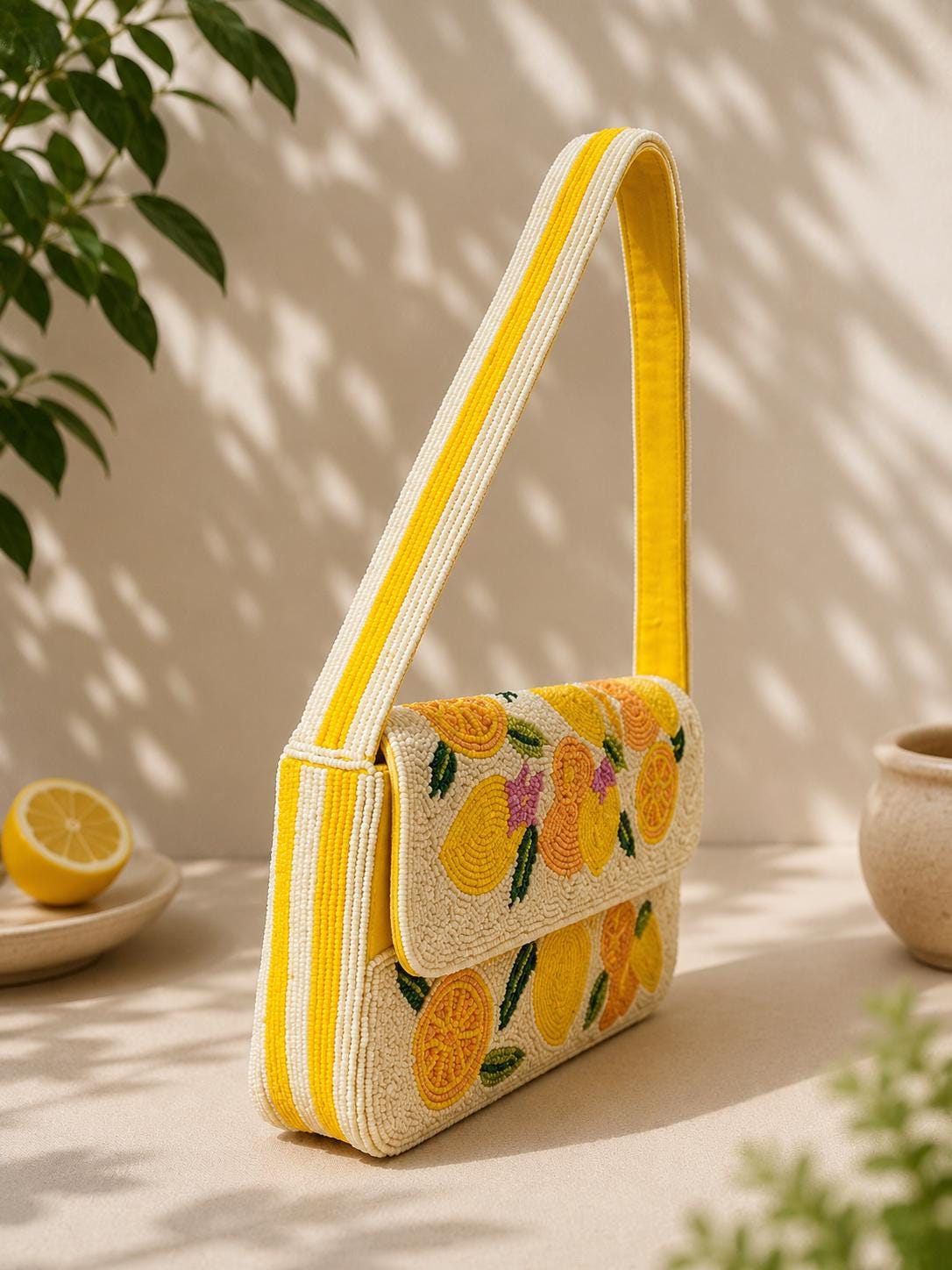 Handmade Lemon Beaded Shoulder Bag, White Seed Bead Citrus Purse, Summer Vacation Statement Bag