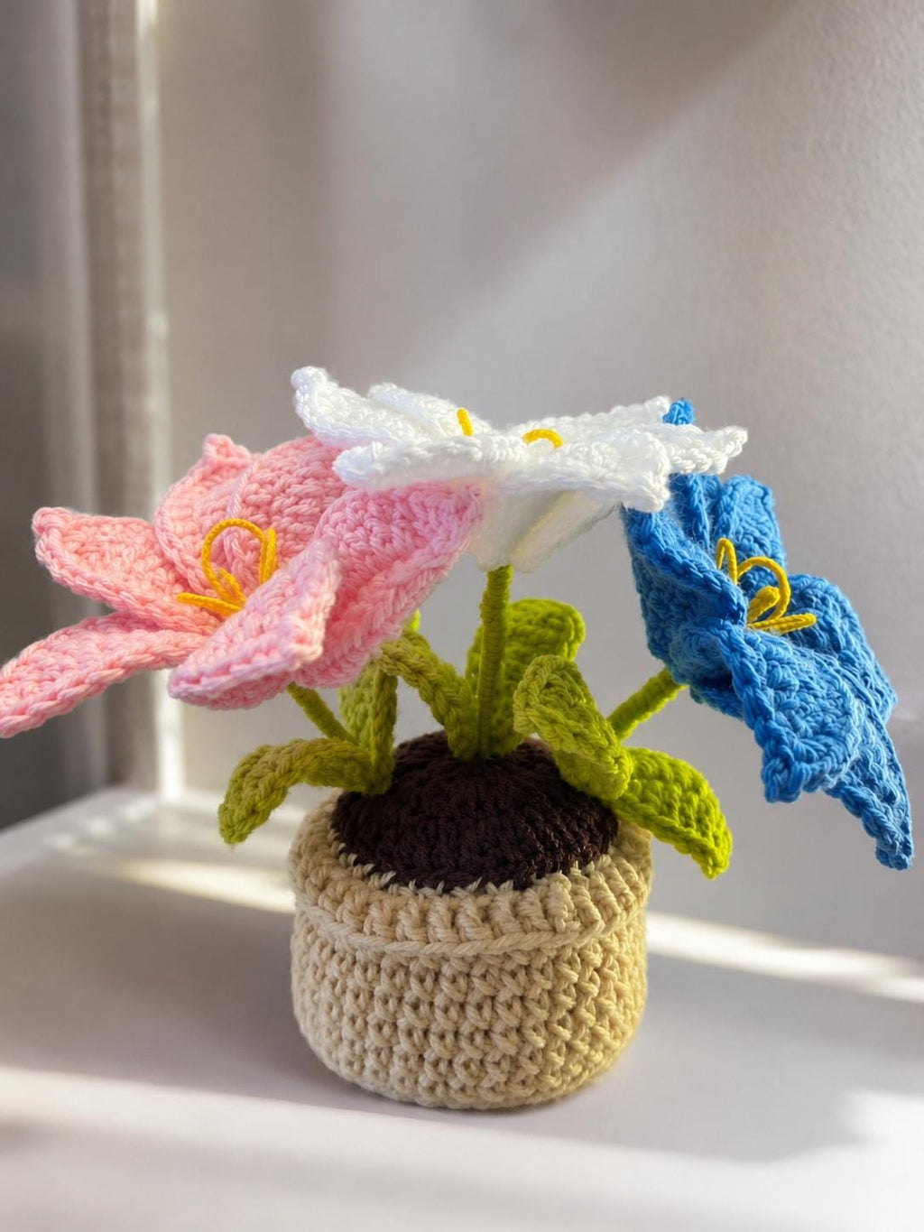Handmade Crochet Flower Pot, Colourful Everlasting Floral Decor, Home Desk Accent