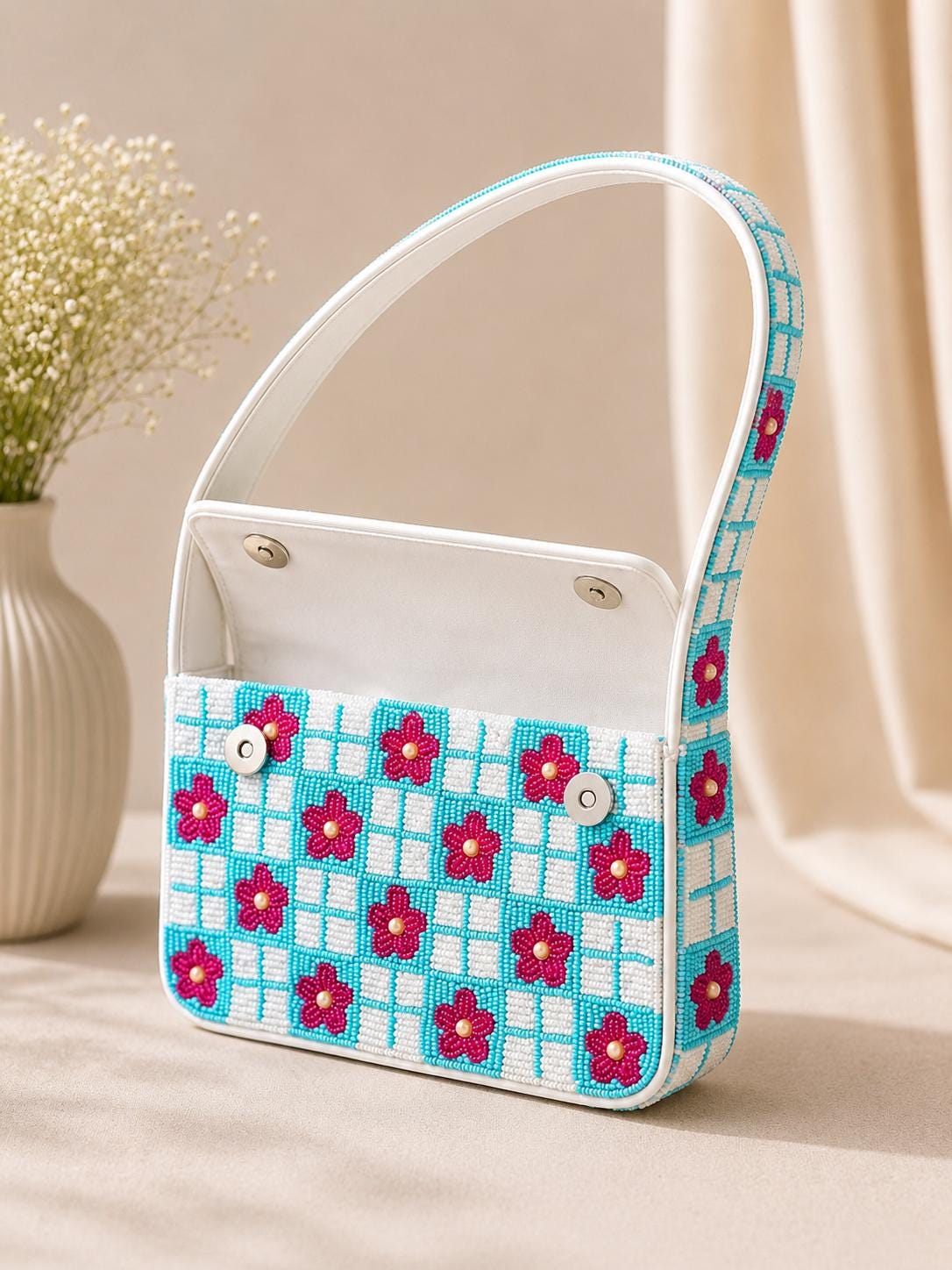 Handmade Beaded Shoulder Bag, Turquoise Checkered Floral Purse, Pink Flower Handbag