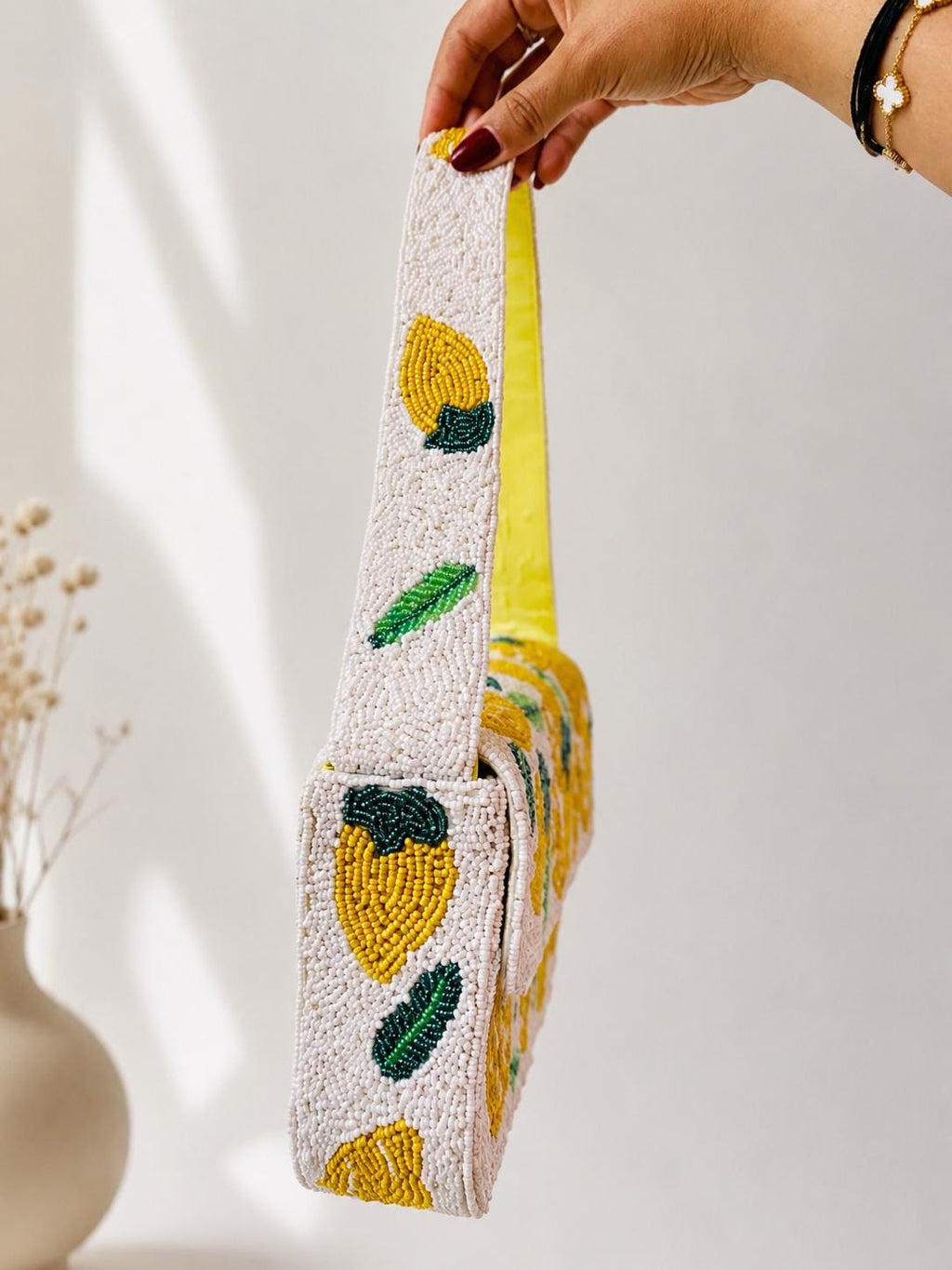 Handmade Lemon Beaded Shoulder Bag | Citrus Fruit Purse | White Seed Bead Handbag