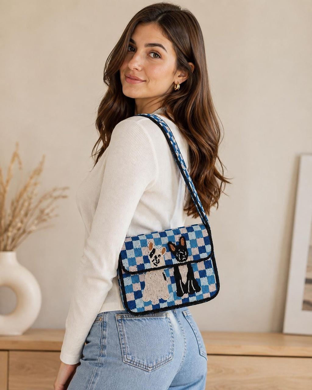 Handmade Beaded Dog Shoulder Bag – Blue Checkered Puppy Purse Statement Accessory