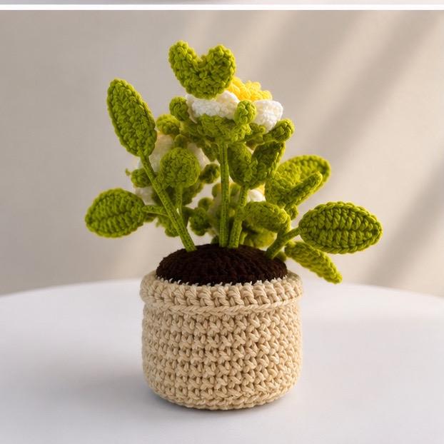 Crocheted Rose Flower Pot Arrangement, Everlasting Floral Home Decor