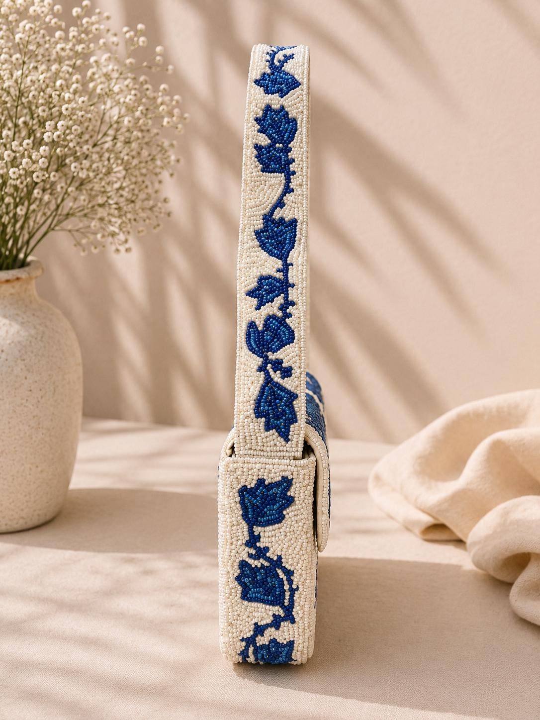 Handmade Blue Floral Beaded Shoulder Bag – Ivory Statement Purse, Artisan Accessory