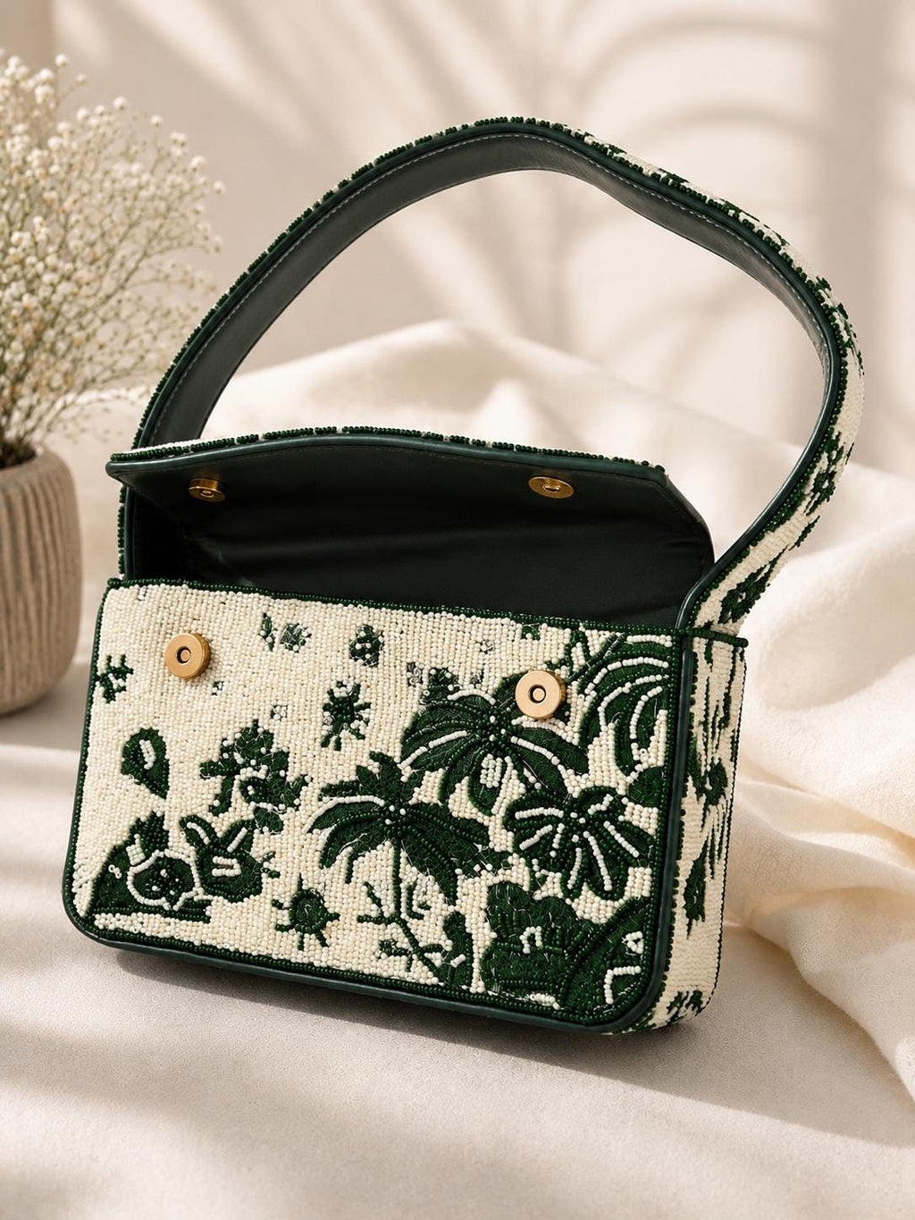 Handmade Beaded Shoulder Bag – Green Ivory Floral Botanical Statement Purse