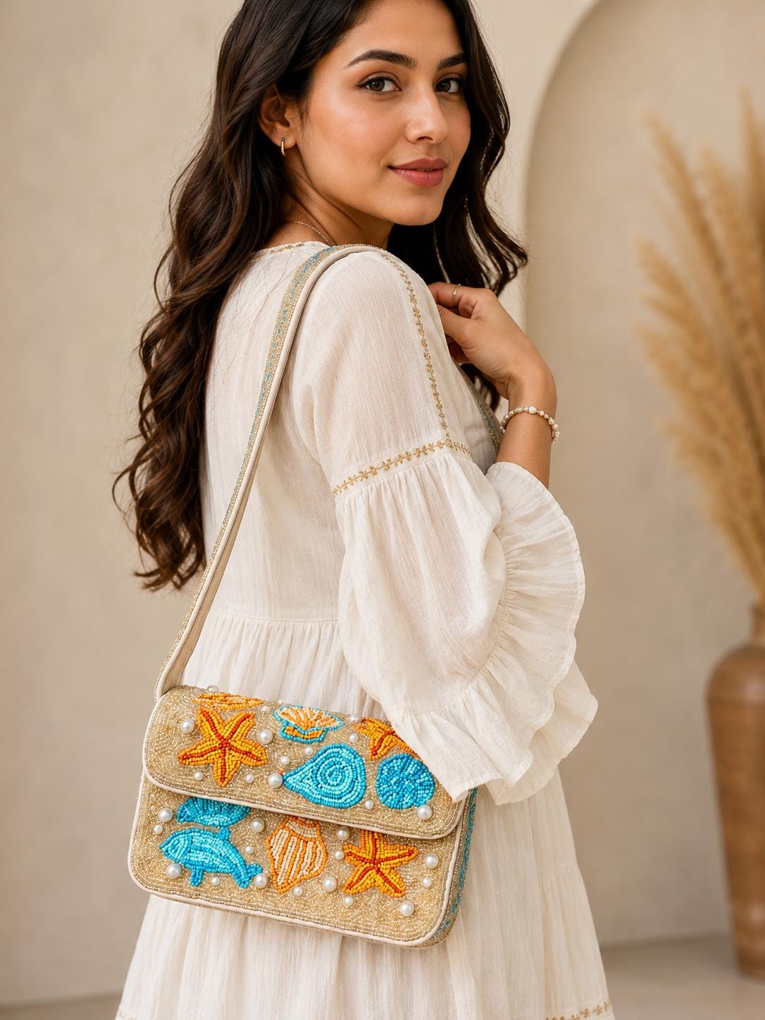Handmade Beaded Bag, Coastal Seashell Starfish Purse, Ocean Summer Shoulder Bag