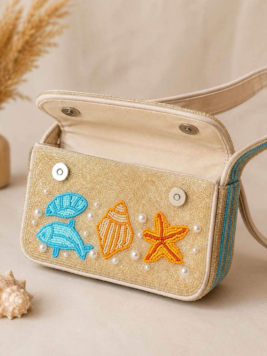 Handmade Beaded Bag, Coastal Seashell Starfish Purse, Ocean Summer Shoulder Bag